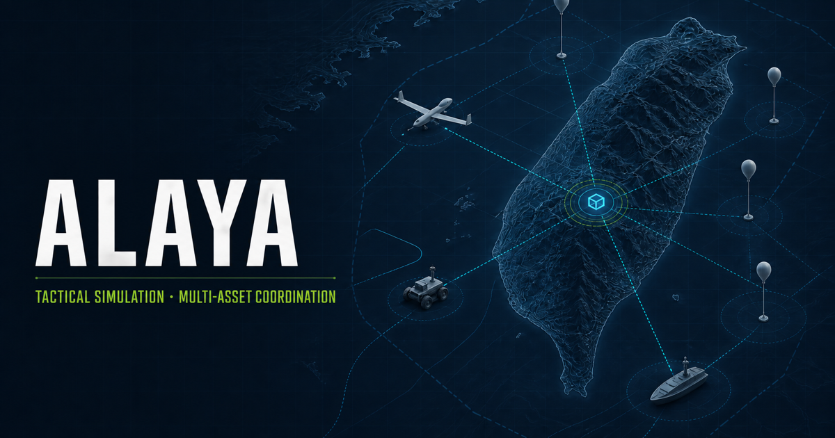 ALAYA network concept showing Taiwan connected to distributed UAV, UGV, USV and high-altitude relay nodes.